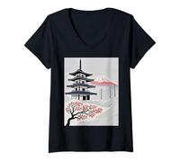 Donna Pagoda Giapponese Monte Fuji Cherry Blossom Paesaggio Arte Maglietta con Collo a V
