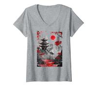Donna Pagoda Giapponese Paesaggio Rosso Sun Cherry Blossom Sumi-e Inchiostro Maglietta con Collo a V