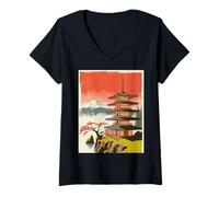 Donna Pagoda Giapponese Tempio Monte Fuji Cherry Blossom Art Maglietta con Collo a V
