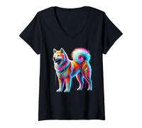 Donna Paint Art Japanese Akita Inu Maglietta con Collo a V