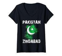 Donna Pakistan Zindabad Day Pakistan Bandiera Crescent Moon Parade Maglietta con Collo a V