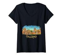 Donna Palermo Italia Viaggio Souvenir Regalo Storico Città Monumento Maglietta con Collo a V