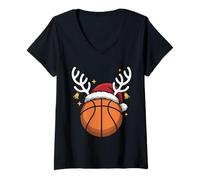 Donna Palla da Basket di Natale, Cappello di Babbo Natale, Sport Maglietta con Collo a V