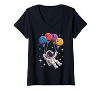 Donna Palla da Bowling Palloncino Astronauta Fluttuante Spazio Maglietta con Collo a V