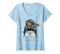 Donna Pallavolo Mamma Leopardo Palla Capelli disordinato Chignon Festa della Mamma Maglietta con Collo a V