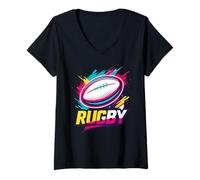 Donna Pallone da Rugby Splash Colorful Sport Game Graphic Design Logo Maglietta con Collo a V