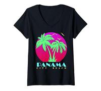 Donna Panama City Beach 80s Palm Trees - Tramonto Estivo Maglietta con Collo a V