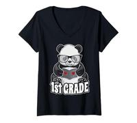Donna Panda Book Reader Teacher Heart per Il Ritorno a Scuola di Prima elementare Maglietta con Collo a V