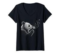 Donna Panda Che soffia tarassaco Amante Natura Arte Vintage Maglietta con Collo a V