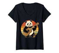 Donna Panda Che Suona la Chitarra Vintage Chitarra retrò Rock Chitarrista Maglietta con Collo a V