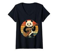 Donna Panda Che Suona la Chitarra Vintage Chitarra retrò Rock Chitarrista Maglietta con Collo a V