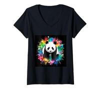 Donna Panda con schizzi color arcobaleno Maglietta con Collo a V