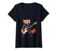 Donna Panda rosso che suona la chitarra roccia per ragazzi, uomini, bambini e donne Maglietta con Collo a V