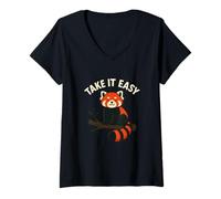 Donna Panda Rosso Take It Easy - Grafica Divertente e Rilassante Maglietta con Collo a V