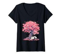 Donna Panda sotto L'Albero Giapponese Sakura - Panda Bear Giapponese Maglietta con Collo a V