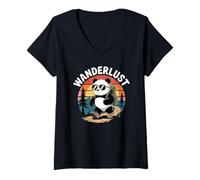 Donna Panda Wanderlust Retro Hiking Forest Trail Maglietta con Collo a V