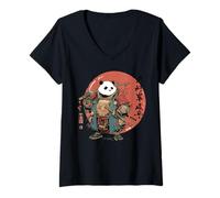Donna Panda Warrior Giapponese Tramonto Ukiyo-e Art Graphic Maglietta con Collo a V