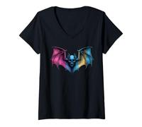 Donna Pansexual Bat Skull Goth Halloween Pan Pride Colors Gothic Maglietta con Collo a V