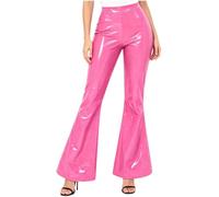 Donna Pantaloni Flare Lucenti Lunghezza Intera Pelle Curvy Rossi Rosa M