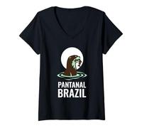 Donna Pantanal Brasile Gigante Lontra Fiume Tramonto Maglietta con Collo a V