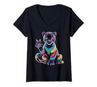 Donna Pantera Nera Tie Dye Rana Segno della Pace Hippie Black Panther Maglietta con Collo a V