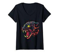 Donna Panther Colorful Wildlife Green Eyes Animal Face Opere d'Arte Maglietta con Collo a V