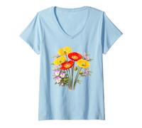 Donna Papaveri Rossi e Gialli e Viole del Pensiero Full Bloom Shapes Mania Maglietta con Collo a V