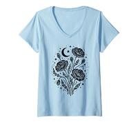 Donna Papavero Botanico Vintage Celeste Luna Papaveri Floreale Maglietta con Collo a V