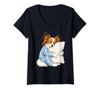 Donna Papillon Cane Che Dorme in Pigiama Carino Sonno Maglietta con Collo a V