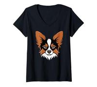 Donna Papillon Carino Cartoon Continental Toy Spaniel Dog Puppy Face Maglietta con Collo a V