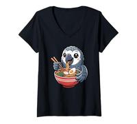 Donna Pappagallo Grigio Africano Kawaii Che Mangia Il Proprietario di Uccelli Ramen Divertente Maglietta con Collo a V