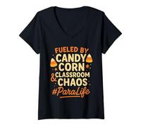 Donna Paraprofessional Halloween Para Carino Candy Corn Classroom Maglietta con Collo a V