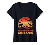 Donna Parco Nazionale del Serengeti Tanzania Safari Animali Retro Maglietta con Collo a V
