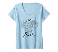 Donna Parigi, croissant, pane, cuore, linea, arte, illustrazione, viaggio Maglietta con Collo a V