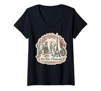 Donna Parigi Francia Floreale Torre Eiffel Cafe Grafica Maglietta con Collo a V