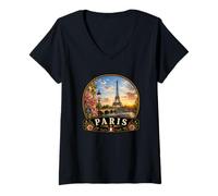 Donna Parigi Torre Eiffel Fiume Senna Floreale Maglietta con Collo a V