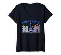Donna Parigi Torre Eiffel Notre Dame Arc De Triomphe Art Souvenir Maglietta con Collo a V