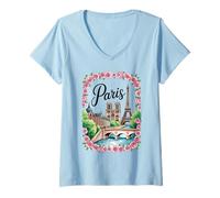 Donna Parigi Torre Eiffel Rose Frame Illustrazione Souvenir Maglietta con Collo a V