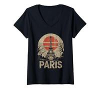 Donna Parigi Torre Eiffel Sole Rosso Vintage Minimal Design Giapponese Maglietta con Collo a V