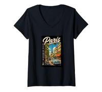 Donna Paris City Streets Eiffel Tower Classic Car Travel Graphic Maglietta con Collo a V