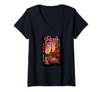 Donna Paris City Streets Eiffel Tower Classic Car Travel Graphic Maglietta con Collo a V