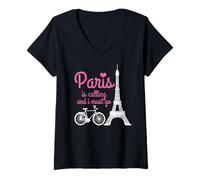Donna Paris is Calling And I Must Go France Torre Eiffel Bike Regalo Maglietta con Collo a V
