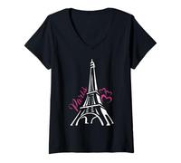 Donna Paris Torre Eiffel Francese Cuori Bonjour Parigi Francia Tee Maglietta con Collo a V