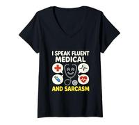 Donna Parlo fluentemente Medicina e Sarcasmo Funny Nurse RN Life Maglietta con Collo a V