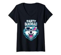Donna Party Animal Wolf with 3D Glasses Funny Rave Graphic Maglietta con Collo a V
