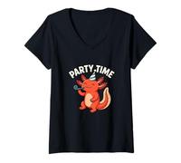 Donna Party Time Axolotl - Simpatico Design Divertente con Animali Maglietta con Collo a V