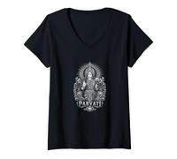 Donna Parvati Dea Indù Montagna Lotus Devozione Maglietta con Collo a V