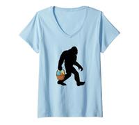 Donna Pasqua Bigfoot Tenendo Un Cesto di Pasqua Maglietta con Collo a V