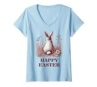Donna Pasqua Happy Easter Vintage Coniglio Fiori Estetica Maglietta con Collo a V