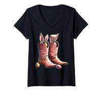 Donna Pasqua Vintage Cowboy Stivali Uova Coniglio Maglietta con Collo a V